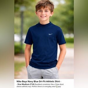 NIKE BOYS DRI Fit SZ Medium (7/8) Navy Logo Athletic Nylon Tee